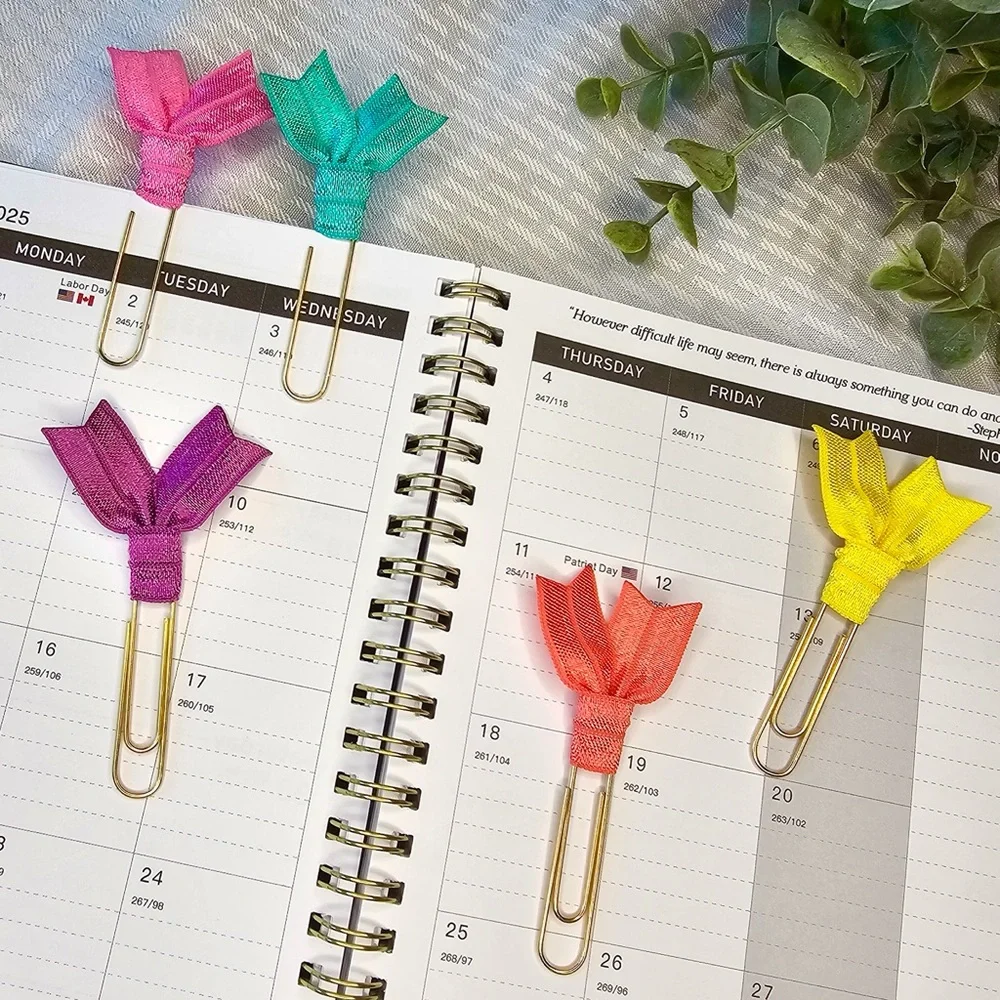Set of 5 Colorful Elastic Ribbon Jumbo Paperclip Bookmarks